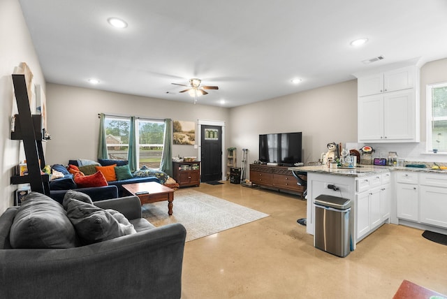 1 Park St Unit A & B, Mayflower, AR 72106 - living room featuring recessed lighting, a ceiling fan, and concrete flooring
