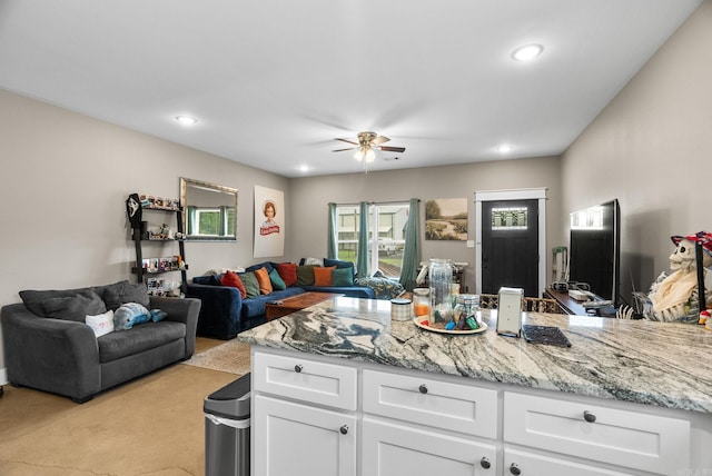 1 Park St Unit A & B, Mayflower, AR 72106 - kitchen featuring open floor plan, white cabinets, ceiling fan, light stone countertops, and recessed lighting