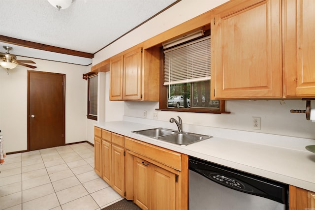 23 Valls Ln, Hot Springs, AR 71909 - kitchen featuring stainless steel dishwasher, a sink, light countertops, a ceiling fan, and light tile patterned floors