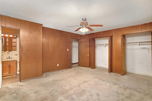23 Valls Ln, Hot Springs, AR 71909 - unfurnished bedroom with two closets, a sink, carpet flooring, wooden walls, and ensuite bathroom