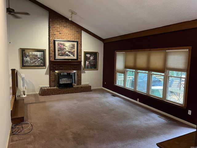 17003 Quail Run Dr, Little Rock, AR 72210 - unfurnished living room with lofted ceiling, carpet, a ceiling fan, a fireplace, and baseboards