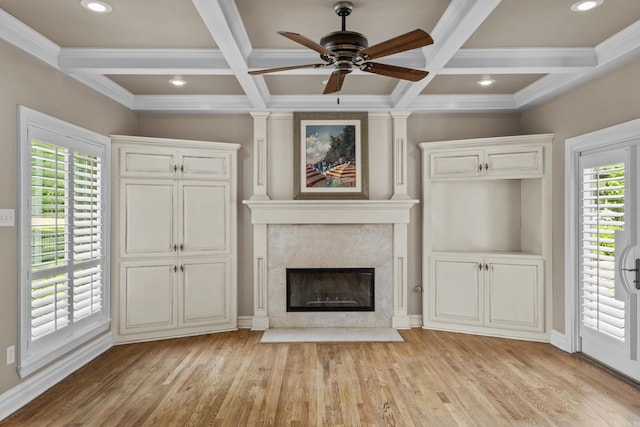 119 Marseille Dr, Maumelle, AR 72113 - unfurnished living room with coffered ceiling, a ceiling fan, baseboards, beamed ceiling, and light wood-type flooring