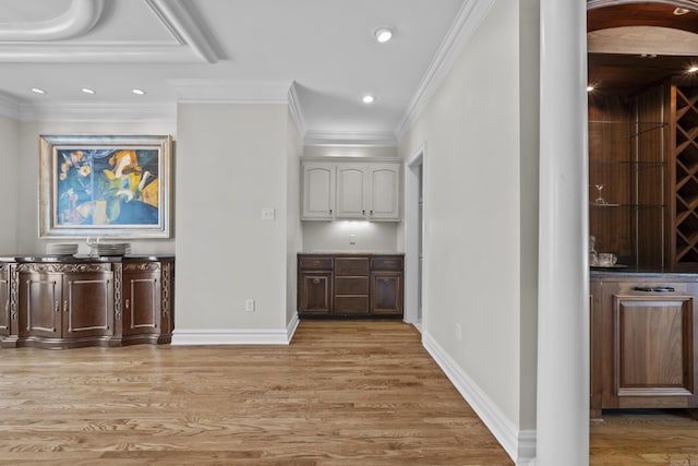 119 Marseille Dr, Maumelle, AR 72113 - bar featuring light wood finished floors, baseboards, crown molding, and recessed lighting