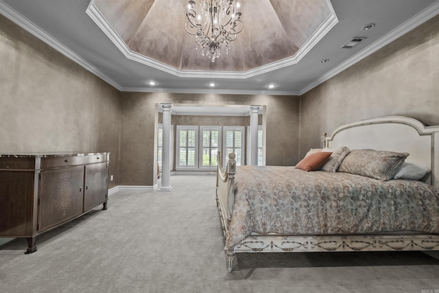 119 Marseille Dr, Maumelle, AR 72113 - bedroom featuring ornate columns, crown molding, light colored carpet, a chandelier, and recessed lighting