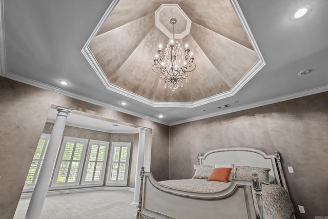 119 Marseille Dr, Maumelle, AR 72113 - carpeted bedroom with decorative columns, crown molding, a chandelier, and recessed lighting
