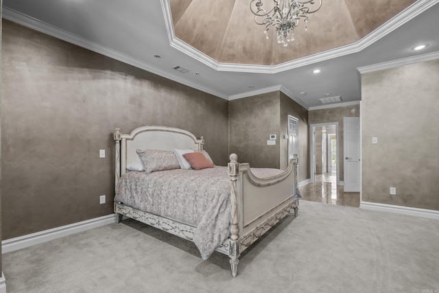 119 Marseille Dr, Maumelle, AR 72113 - bedroom with carpet floors, ornamental molding, a chandelier, recessed lighting, and baseboards