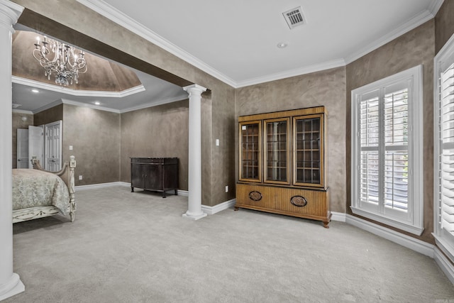 119 Marseille Dr, Maumelle, AR 72113 - carpeted bedroom featuring decorative columns, ornamental molding, baseboards, and a chandelier