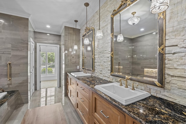 119 Marseille Dr, Maumelle, AR 72113 - bathroom featuring crown molding, double vanity, recessed lighting, and a tile shower