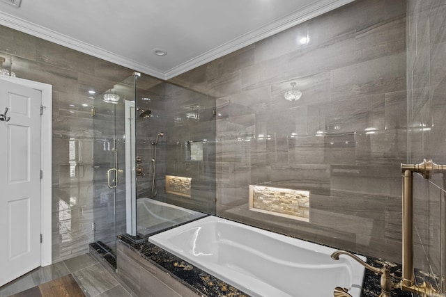 119 Marseille Dr, Maumelle, AR 72113 - bathroom featuring crown molding, a bath, and a stall shower