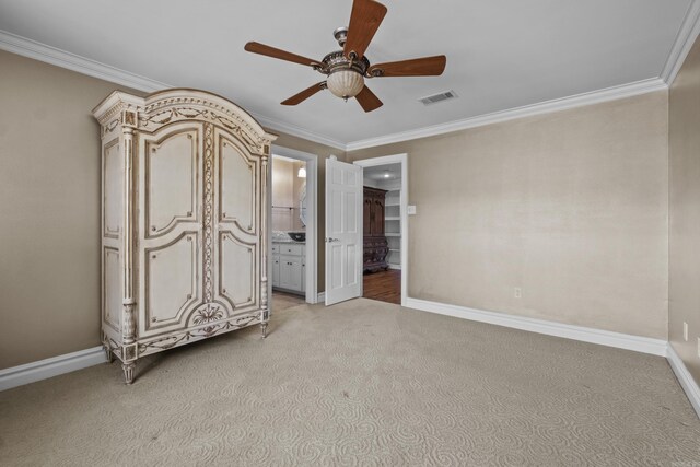 119 Marseille Dr, Maumelle, AR 72113 - unfurnished bedroom featuring light carpet, ornamental molding, baseboards, ensuite bathroom, and ceiling fan