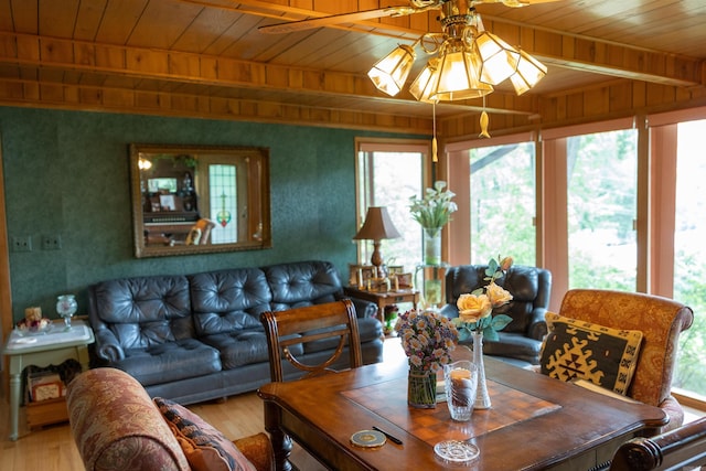 100 Rainbow Loop, Heber Springs, AR 72543 - living room featuring wooden ceiling with exposed beams, wood finished floors, and a ceiling fan