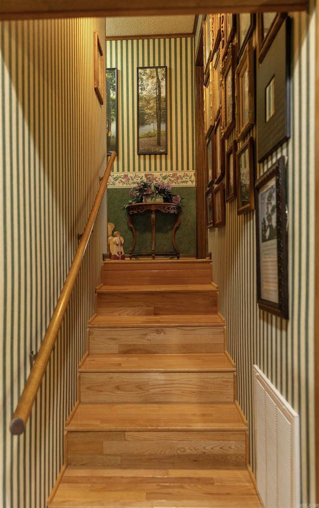 100 Rainbow Loop, Heber Springs, AR 72543 - staircase featuring wallpapered walls and wood finished floors