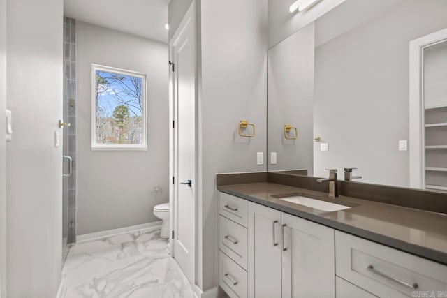 22 Abington Ct, Little Rock, AR 72223 - full bathroom with marble finish floors, vanity, toilet, a shower stall, and baseboards