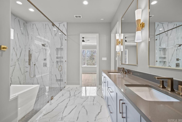 22 Abington Ct, Little Rock, AR 72223 - bathroom with recessed lighting, marble tiled flooring, a marble finish shower, double vanity, and a soaking tub