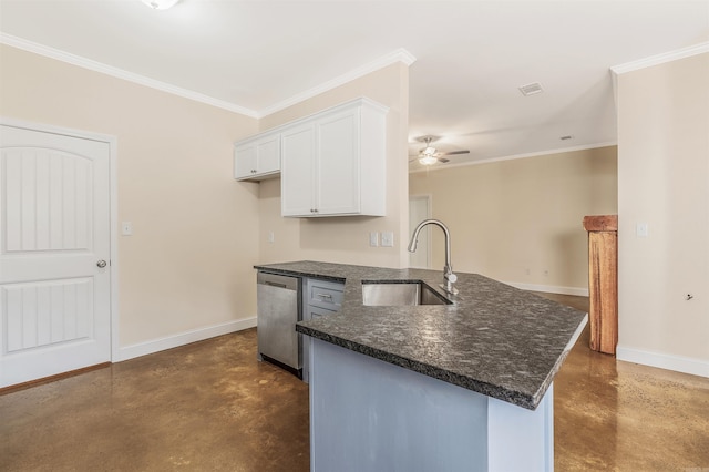 2820 Zion St, Little Rock, AR 72204 - kitchen featuring finished concrete floors, a sink, stainless steel dishwasher, white cabinetry, and crown molding