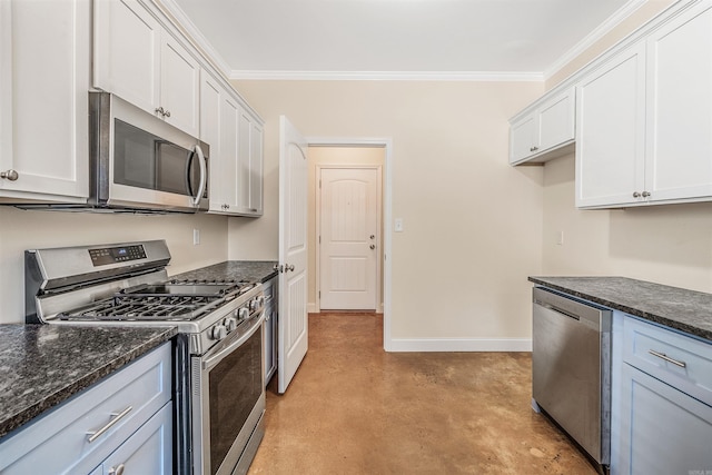 2820 Zion St, Little Rock, AR 72204 - kitchen featuring appliances with stainless steel finishes, finished concrete flooring, ornamental molding, baseboards, and white cabinets