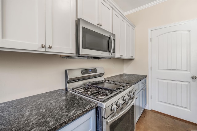 2820 Zion St, Little Rock, AR 72204 - kitchen with appliances with stainless steel finishes, crown molding, white cabinets, concrete floors, and dark stone counters