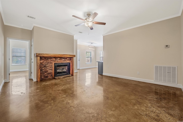 2820 Zion St, Little Rock, AR 72204 - unfurnished living room featuring finished concrete flooring, a ceiling fan, crown molding, baseboards, and a stone fireplace
