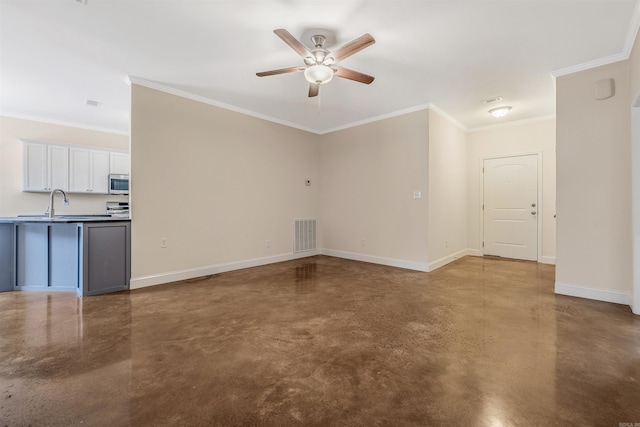 2820 Zion St, Little Rock, AR 72204 - unfurnished living room featuring finished concrete floors, a ceiling fan, ornamental molding, baseboards, and a sink