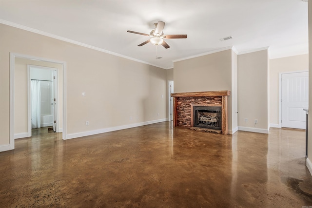 2820 Zion St, Little Rock, AR 72204 - unfurnished living room with ceiling fan, concrete floors, ornamental molding, baseboards, and a stone fireplace