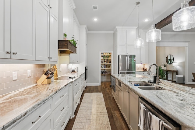 1045 Boulder Dr, Little Rock, AR 72210 - kitchen with black appliances, a sink, ornamental molding, tasteful backsplash, and dark wood-style flooring