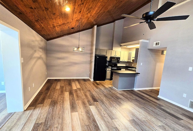 2715 Greenbriar Dr Apt B, Jonesboro, AR 72401 - kitchen with black appliances, wooden ceiling, ceiling fan, high vaulted ceiling, and baseboards