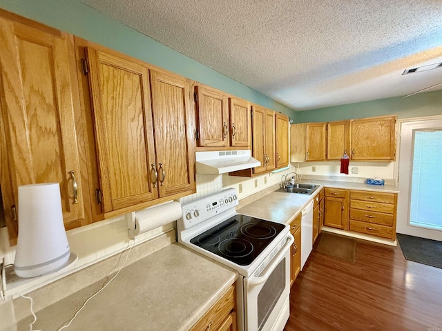 9925 Dublin Dr, Shannon Hills, AR 72103 - kitchen featuring white appliances, under cabinet range hood, a sink, a textured ceiling, and light countertops