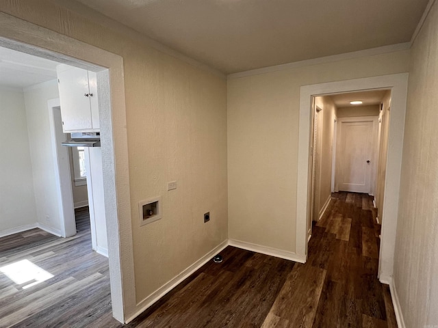 611 N Main St, Malvern, AR 72104 - washroom featuring hookup for an electric dryer, hookup for a washing machine, dark wood-style flooring, ornamental molding, and baseboards