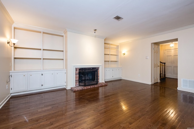 99 Kingsbridge Way, Little Rock, AR 72212 - unfurnished living room with ornamental molding, dark wood-style flooring, built in features, a fireplace, and baseboards