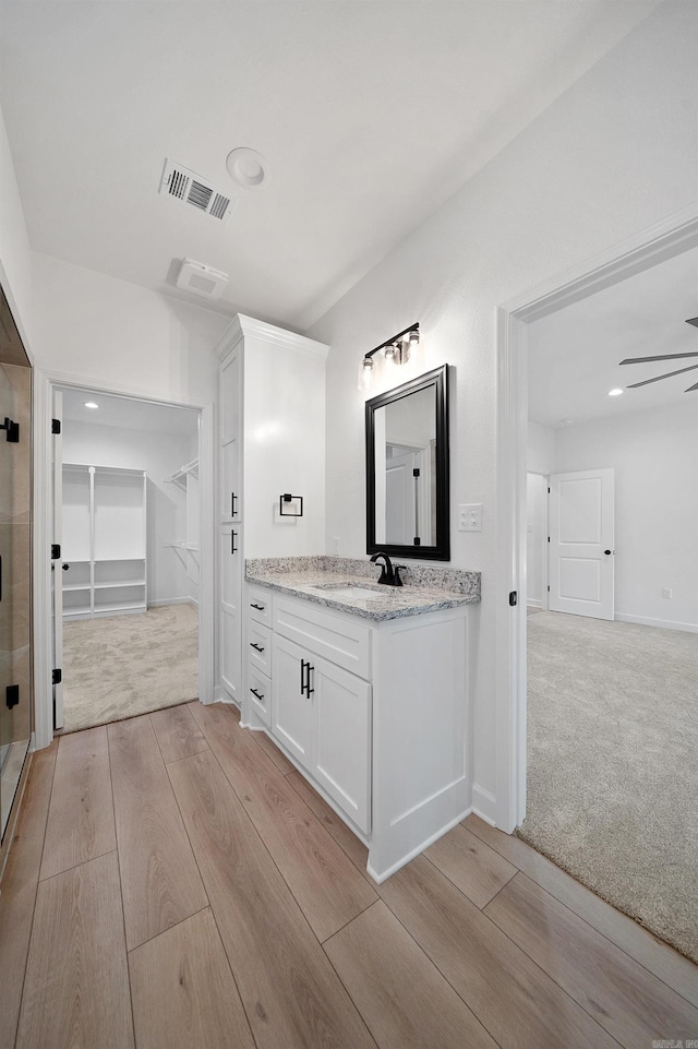 284 Shiloh, Beebe, AR 72102 - full bathroom featuring vanity, a spacious closet, wood finished floors, a stall shower, and recessed lighting