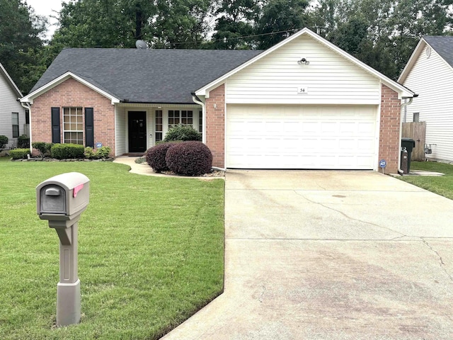 54 Redleaf Crk, Little Rock, AR 72210 - ranch-style house with brick siding, concrete driveway, a garage, a front lawn, and a shingled roof
