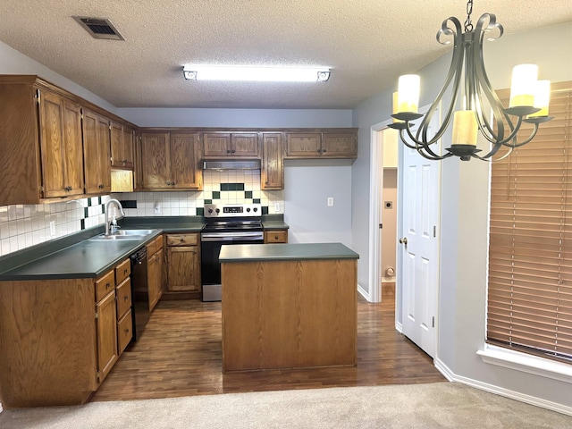 54 Redleaf Crk, Little Rock, AR 72210 - kitchen featuring stainless steel electric range oven, a chandelier, dark countertops, a sink, and under cabinet range hood
