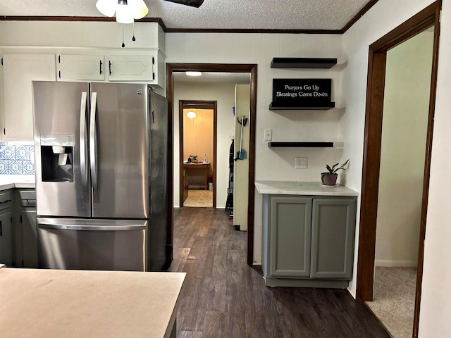 2838 Sylvia St, Arkadelphia, AR 71923 - kitchen with stainless steel fridge, ornamental molding, light countertops, a textured ceiling, and ceiling fan