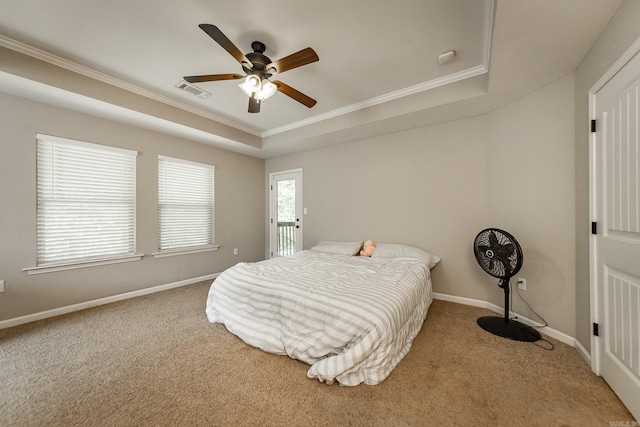 3305 Garden Club Dr, Bryant, AR 72022 - bedroom featuring carpet floors, a raised ceiling, crown molding, baseboards, and a ceiling fan