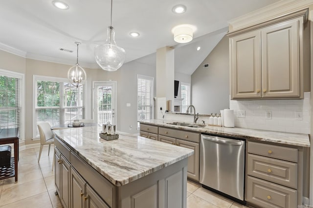 12714 Meadows Edge Ln, Little Rock, AR 72211 - kitchen featuring stainless steel dishwasher, a sink, gray cabinetry, a center island, and recessed lighting