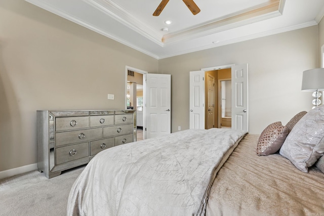 12714 Meadows Edge Ln, Little Rock, AR 72211 - bedroom featuring crown molding, a tray ceiling, light colored carpet, baseboards, and a ceiling fan