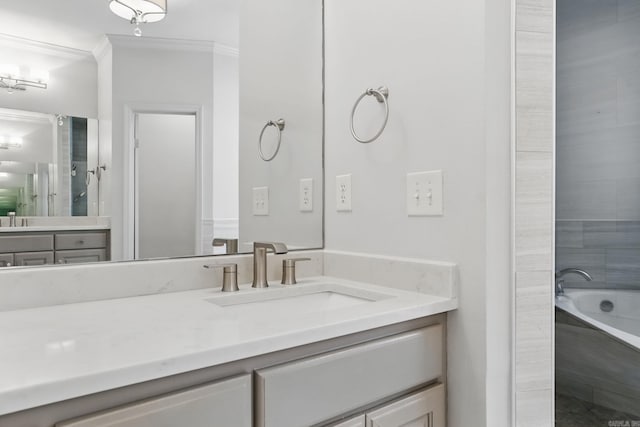 12714 Meadows Edge Ln, Little Rock, AR 72211 - bathroom with ornamental molding, a bathtub, and vanity