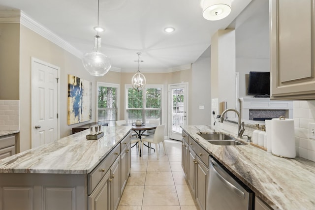 12714 Meadows Edge Ln, Little Rock, AR 72211 - kitchen with stainless steel dishwasher, a sink, gray cabinets, light stone counters, and ornamental molding