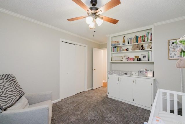 1257 Kimwood Dr, Benton, AR 72019 - carpeted bedroom with crown molding, a closet, and ceiling fan