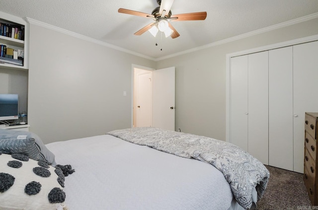 1257 Kimwood Dr, Benton, AR 72019 - carpeted bedroom featuring a closet, ornamental molding, and a ceiling fan