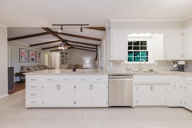 1257 Kimwood Dr, Benton, AR 72019 - kitchen featuring stainless steel dishwasher, a sink, open floor plan, ceiling fan, and white cabinets