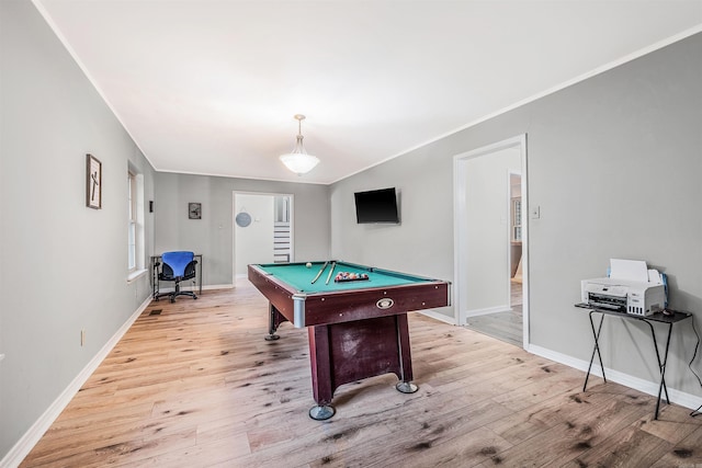 7713 Flintrock Rd, North Little Rock, AR 72116 - recreation room featuring light wood-style floors, billiards table, baseboards, and ornamental molding