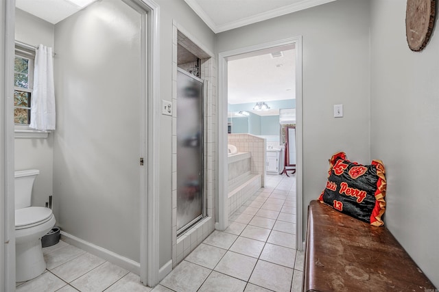 7713 Flintrock Rd, North Little Rock, AR 72116 - bathroom featuring tile patterned floors, crown molding, a shower stall, toilet, and baseboards