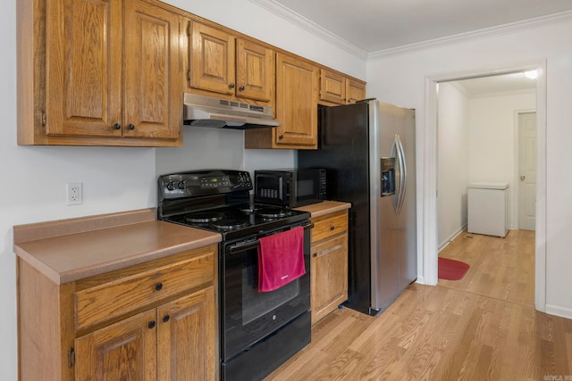5 Briarstone Dr, Sherwood, AR 72120 - kitchen featuring black appliances, under cabinet range hood, light wood finished floors, brown cabinetry, and ornamental molding