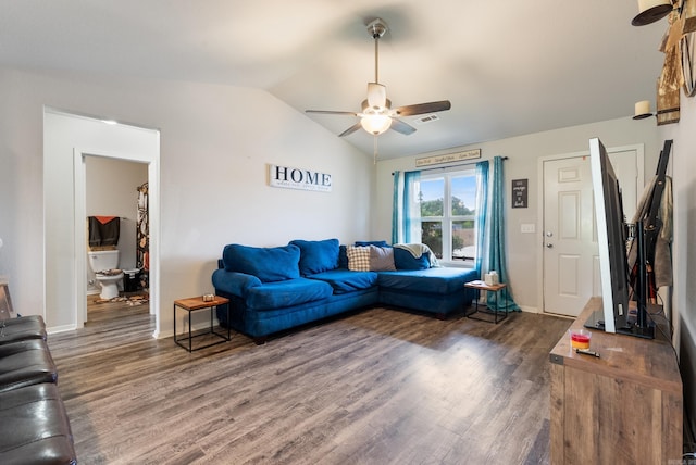 35 Summer Breeze Rd, Conway, AR 72032 - living room featuring a ceiling fan, wood finished floors, lofted ceiling, and baseboards