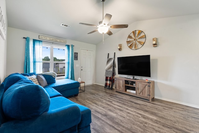 35 Summer Breeze Rd, Conway, AR 72032 - living room featuring a ceiling fan, wood finished floors, vaulted ceiling, and baseboards