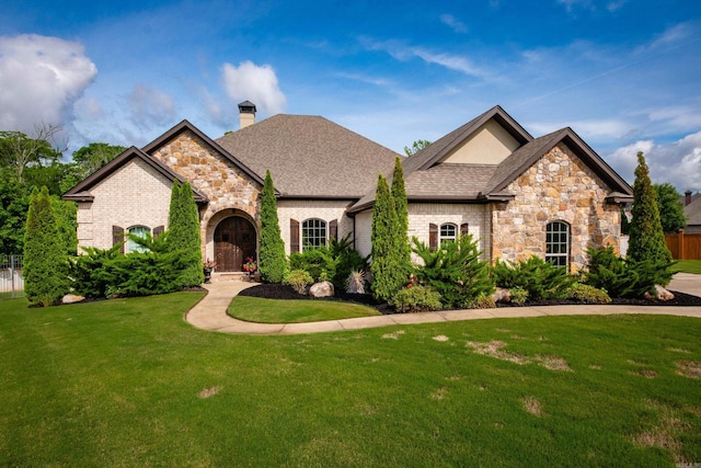 14 Cypress Valley Ct, Maumelle, AR 72113 - french country inspired facade with stone siding, a chimney, and brick siding
