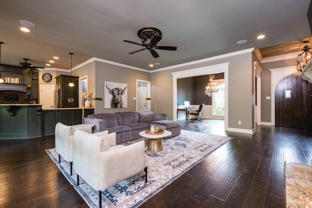 14 Cypress Valley Ct, Maumelle, AR 72113 - living room with ceiling fan, dark wood-type flooring, recessed lighting, baseboards, and a chandelier