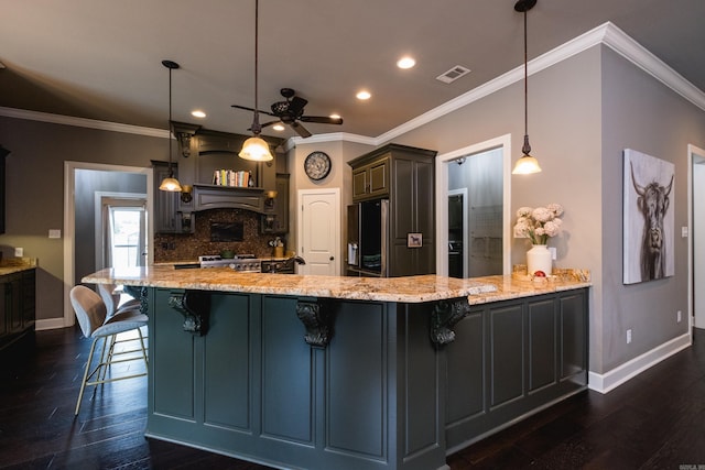 14 Cypress Valley Ct, Maumelle, AR 72113 - kitchen featuring fridge with ice dispenser, baseboards, ceiling fan, light stone counters, and recessed lighting