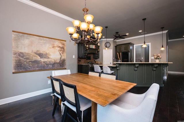 14 Cypress Valley Ct, Maumelle, AR 72113 - dining room with baseboards, a chandelier, dark wood finished floors, crown molding, and a ceiling fan